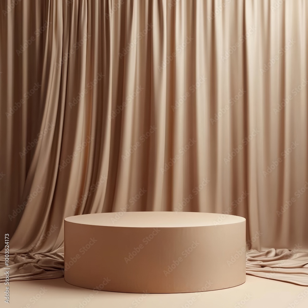 Abstract scene podium for mock up presentation in minimal style with gold curtain and drapery. 3d render Abstract scene podium for mock up presentation in minimal style with gold curtain and drapery. 3d render