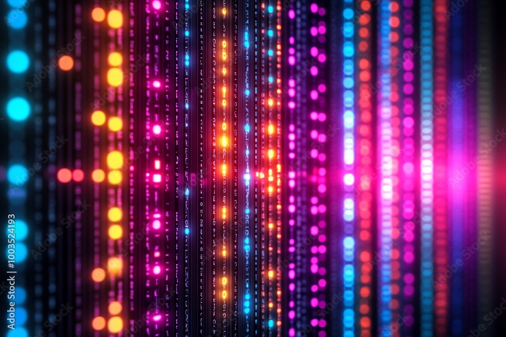Abstract colorful glowing lines with blurred bokeh lights.