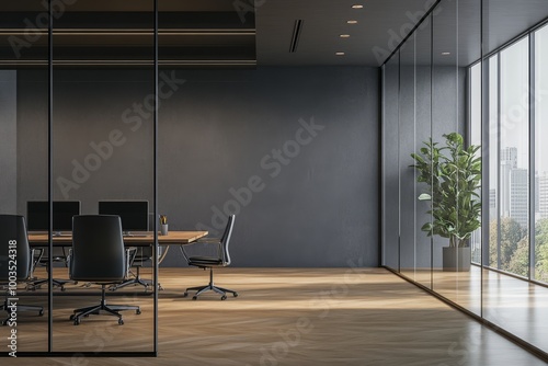 Modern office interior with a glass partition wall, wooden floor, a plant, and a view of the city outside the window.