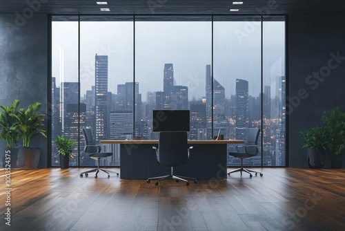 Modern office interior with a view of the city. photo