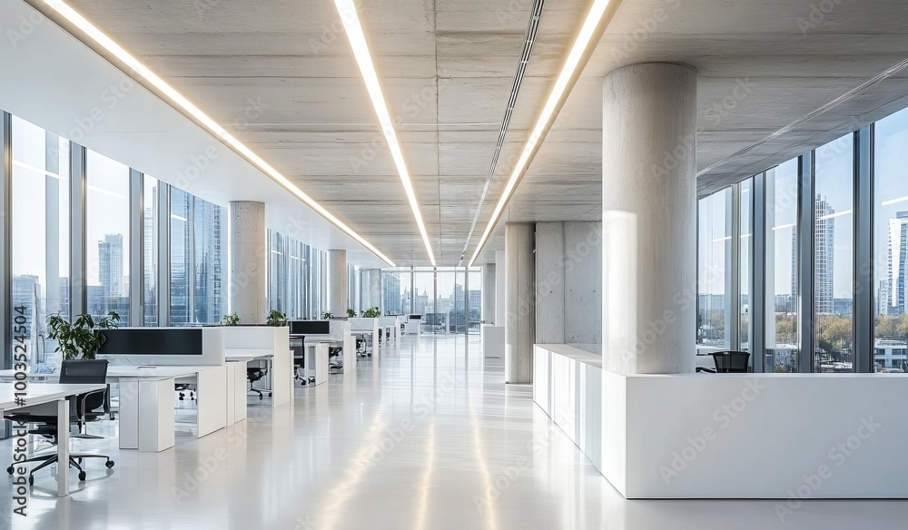 Minimalist modern office space with white desks, chairs, and floors, featuring large windows with city views and sleek concrete pillars. Minimalist modern office space with white desks, chairs, and floors, featuring large windows with city views and sleek concrete pillars.