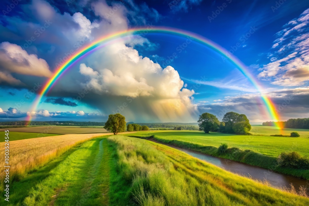 A colorful rainbow spans the sky above a verdant landscape, with a backdrop of clear blue skies, showcasing A colorful rainbow spans the sky above a verdant landscape, with a backdrop of clear blue skies, showcasing