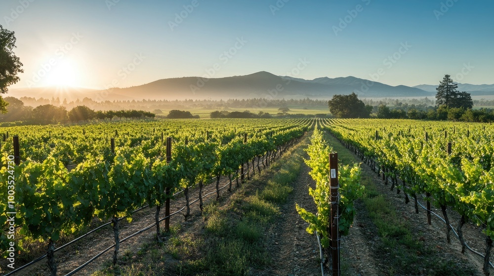 Fototapeta premium Scenic vineyard in the early morning light, with rows of grapevines stretching into the distance.