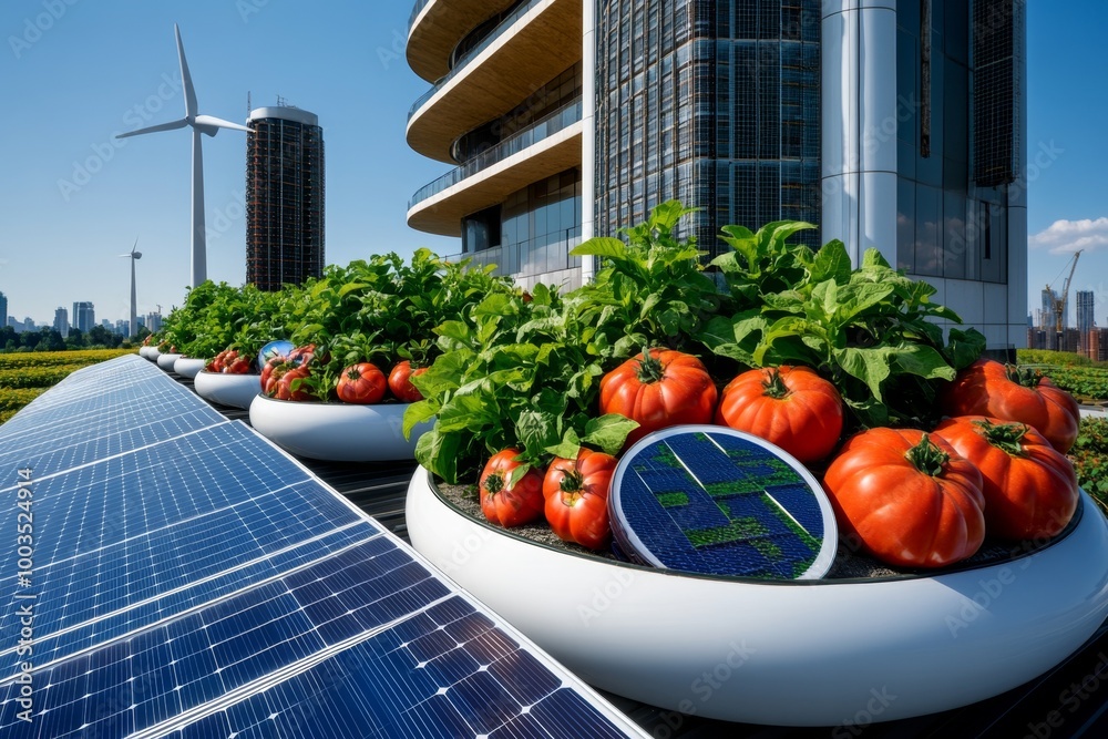 A futuristic eco-city with solar panels, wind turbines, and vertical farms integrated into the urban design, part of an advanced urban planning project A futuristic eco-city with solar panels, wind turbines, and vertical farms integrated into the urban design, part of an advanced urban planning project