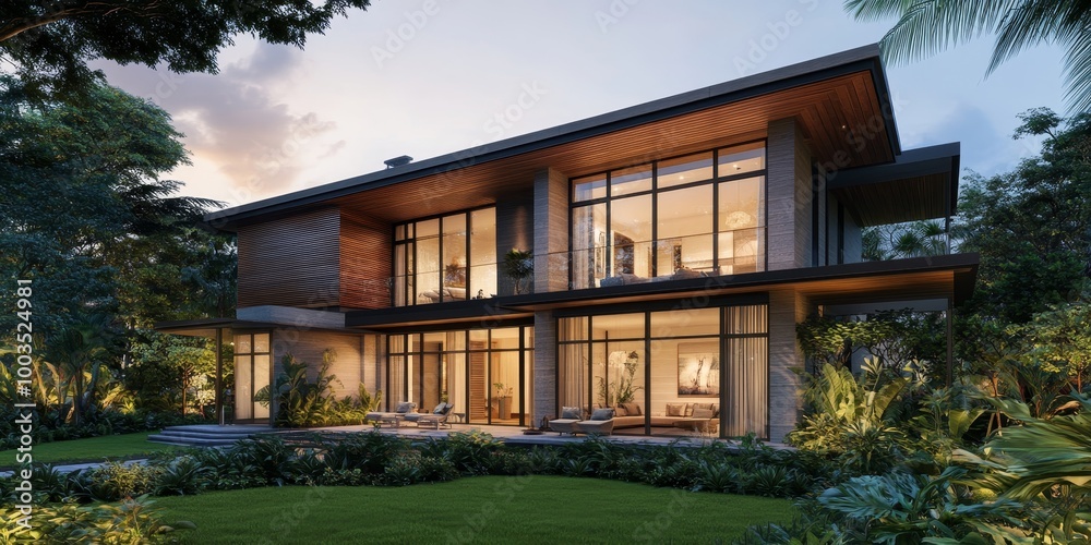 Modern home with large windows and lush greenery, lit by warm evening light. Modern home with large windows and lush greenery, lit by warm evening light.