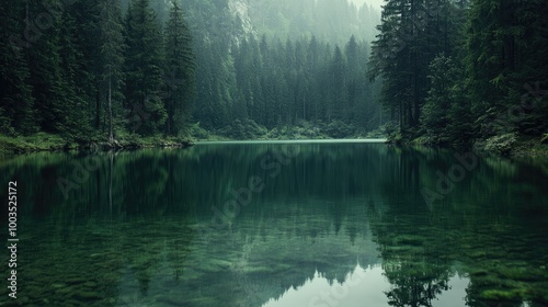 Fototapeta Naklejka Na Ścianę i Meble -  Serene lake surrounded by dense forest, reflecting the surrounding landscape in still, clear water.