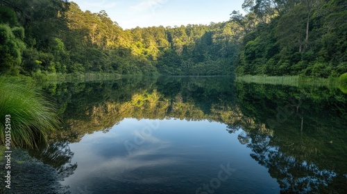 Serene lake surrounded by dense forest, reflecting the surrounding landscape in still, clear water.