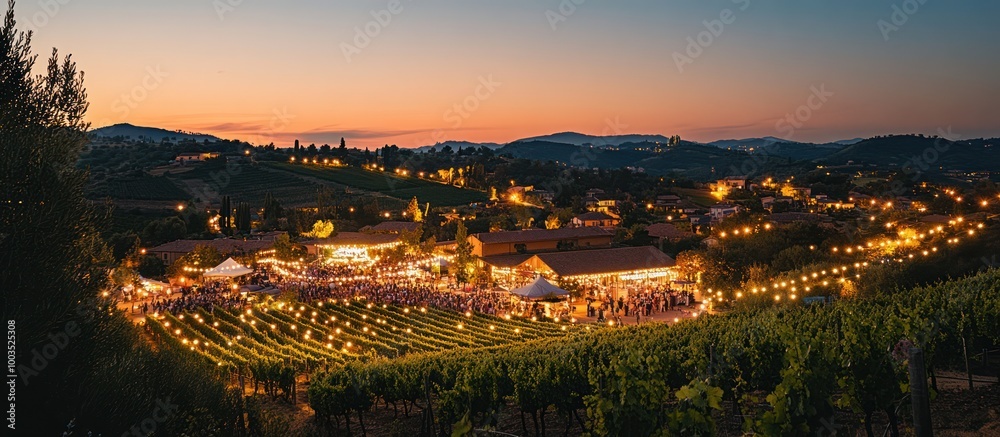 Fototapeta premium A large crowd gathers in a vineyard at dusk, lit by string lights.