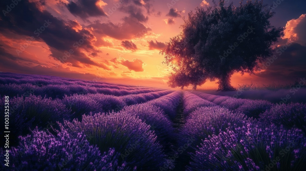 Serene lavender fields under a soft evening sky, stretching toward a distant sunset. Serene lavender fields under a soft evening sky, stretching toward a distant sunset.