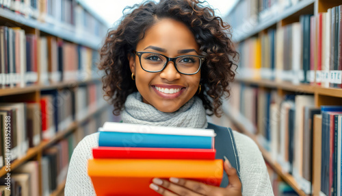 Smiling woman holding books in library, surrounded by shelves of colorful books. photo