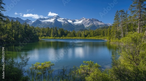 Serene mountain lake surrounded by dense pine forest, with snow-capped peaks visible in the distance.