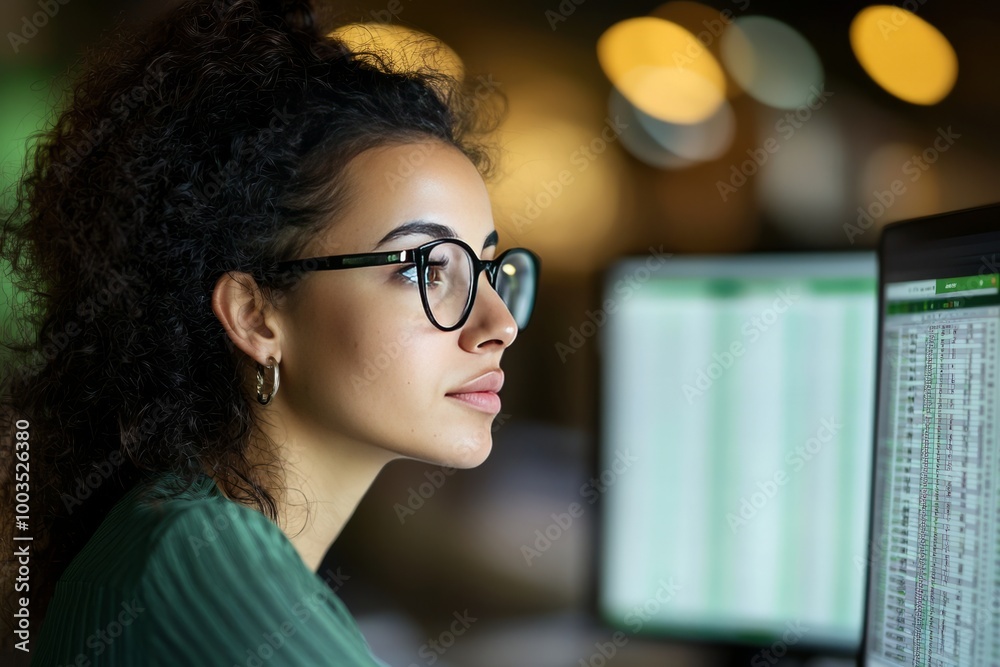 A young finance analyst working on a financial report at her desk. She is focused on the computer screen A young finance analyst working on a financial report at her desk. She is focused on the computer screen