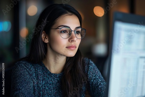 A young finance analyst working on a financial report at her desk. She is focused on the computer screen