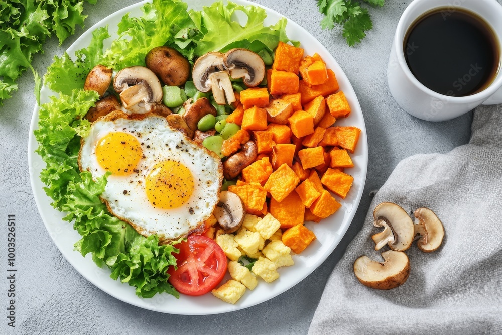 A healthy breakfast with two fried eggs, sauteed mushrooms, sweet potato, and fresh greens on a white plate. A healthy breakfast with two fried eggs, sauteed mushrooms, sweet potato, and fresh greens on a white plate.