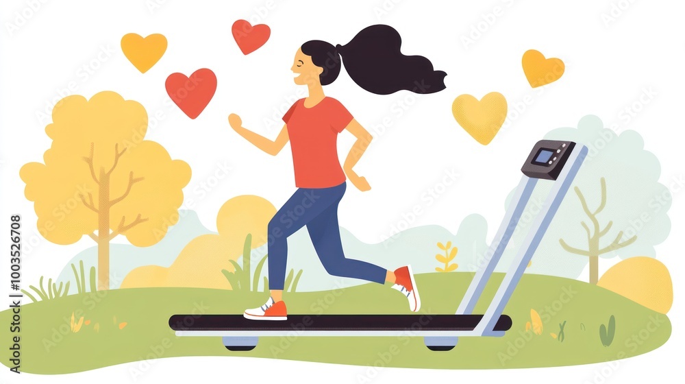 A woman jogging on a treadmill surrounded by a colorful, nature-inspired background. A woman jogging on a treadmill surrounded by a colorful, nature-inspired background.