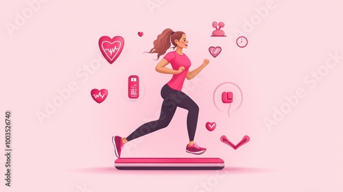 A woman jogging on a treadmill surrounded by health-related icons and symbols.