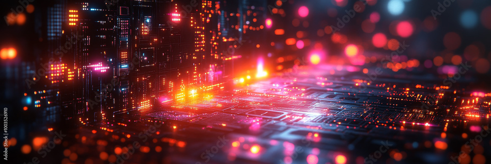 Abstract digital circuit board with glowing lights. Abstract digital circuit board with glowing lights.