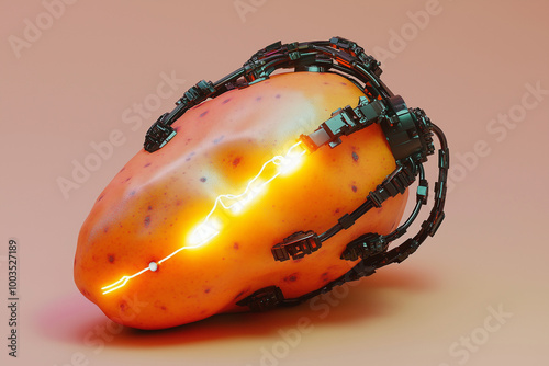 Cybernetic potato with glowing energy and mechanical enhancements.