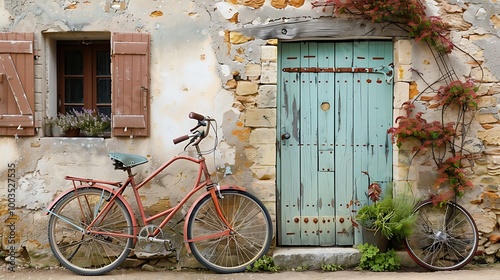 Vintage red bicycle is parked next to a rustic French door with a stone wall and a window in the background.