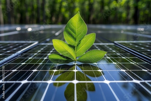 A hyper-realistic view of a forest with integrated solar panels, where every leaf and solar surface reflects in perfect detail, showing the blend of nature and sustainability