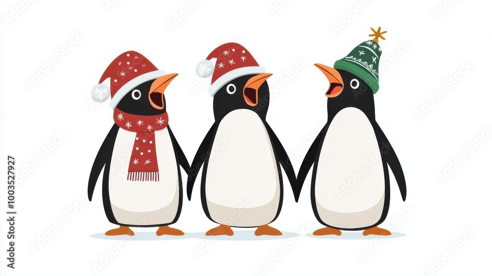Obraz premium Penguins singing Christmas carols, cold winter scene, cute cartoon style, isolated on white background