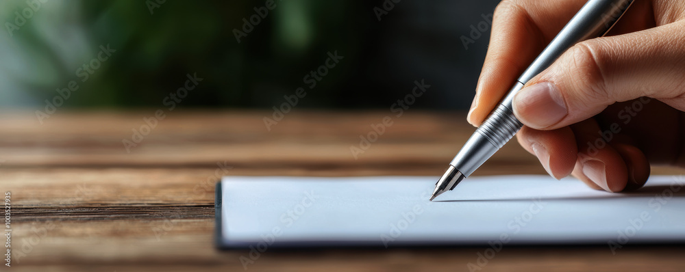 Hand holding pen over blank paper on wooden table. Hand holding pen over blank paper on wooden table.