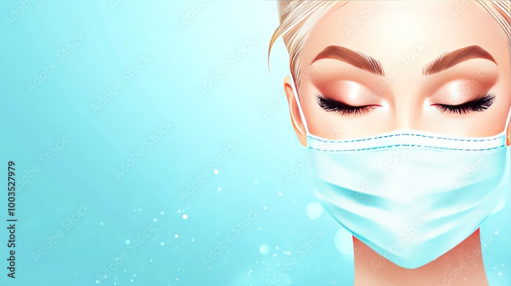 A woman wearing a face mask with closed eyes, set against a soft blue background. A woman wearing a face mask with closed eyes, set against a soft blue background.