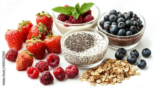 Colorful assortment of fresh berries, chia seeds, yogurt, and oats for a healthy breakfast or snack option.