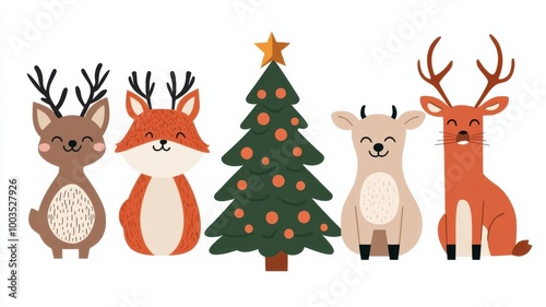 Group of woodland animals caroling around a Christmas tree, holiday cheer, cute cartoon style, isolated on white background