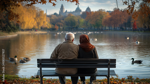 Photograph of an Elderly Muslim Couple Sitting on a Bench in a Tranquil Park, Reflecting a Lifelong Bond and Quiet Contemplation Amidst Nature, Capturing the Essence of Love, Faith, and Togetherness i