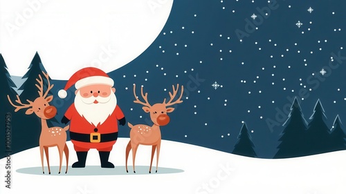 Santa and his reindeer singing carols in the night sky, magical holiday moment, cute cartoon style, isolated on white background