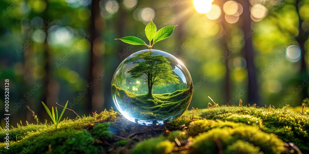 A glass sphere holds a vibrant green sprout, resting on lush moss amid a tranquil forest illuminated by A glass sphere holds a vibrant green sprout, resting on lush moss amid a tranquil forest illuminated by
