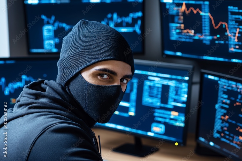 A masked figure looking at multiple monitors, with various network hacking tools and data streams displayed, symbolizing cyber intrusions A masked figure looking at multiple monitors, with various network hacking tools and data streams displayed, symbolizing cyber intrusions