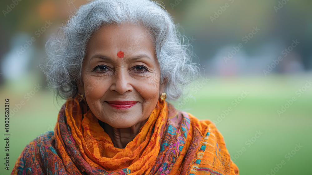 Elderly woman with gray hair and bindi, wearing an orange shawl, smiling warmly Elderly woman with gray hair and bindi, wearing an orange shawl, smiling warmly
