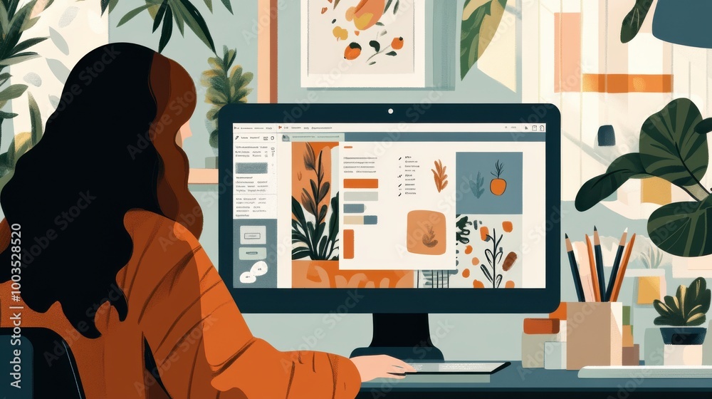 An illustrator adding personal touches to their online portfolio, making sure the design reflects An illustrator adding personal touches to their online portfolio, making sure the design reflects