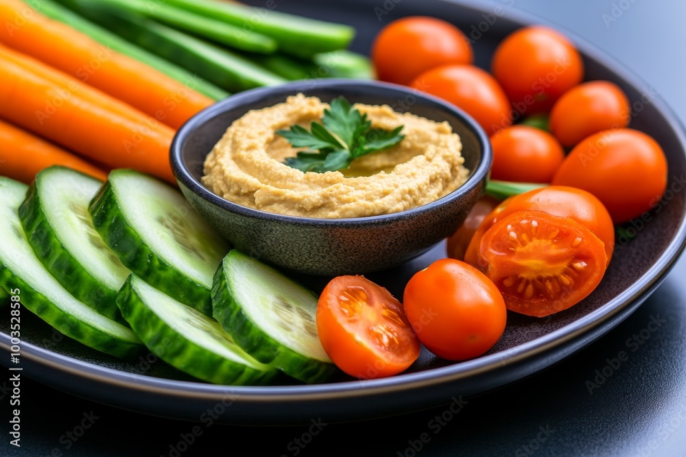A plate of fresh, raw vegetables for clean eating, including carrot sticks, cucumber slices, cherry tomatoes, and a small bowl of hummus A plate of fresh, raw vegetables for clean eating, including carrot sticks, cucumber slices, cherry tomatoes, and a small bowl of hummus