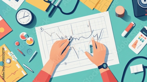 A workspace with charts, tools, and a clock, focused on analysis and planning.