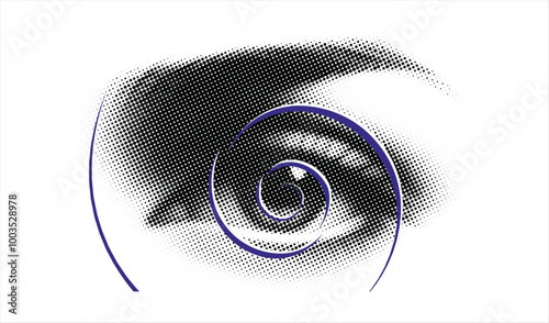 Hypnotic stare, conceptual dotted halftone vector illustration representing mesmerizing psychological phenomena.