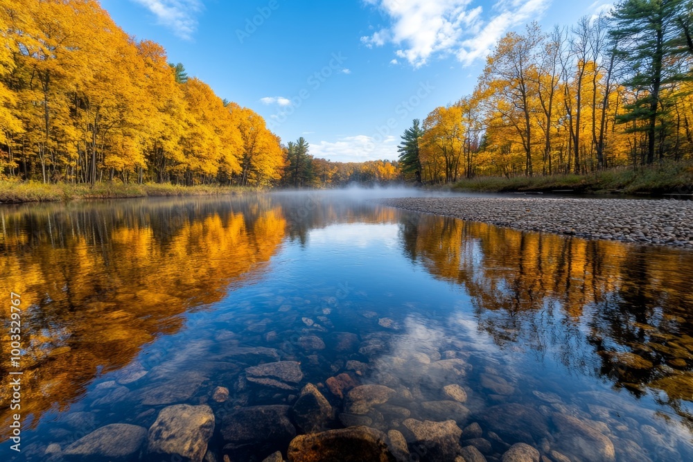 A slow-moving river in the early morning, with mist rising from the surface and the first rays of sunlight illuminating the surrounding trees A slow-moving river in the early morning, with mist rising from the surface and the first rays of sunlight illuminating the surrounding trees