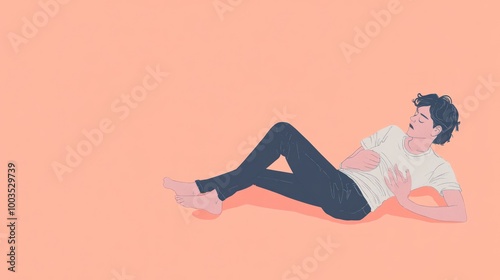 A young person lies casually on a soft, colored background, reflecting a relaxed mood.