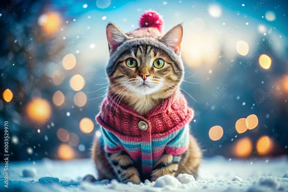 A lovable cat snuggled in warm winter attire, playfully posing against a snowy backdrop, radiates cuteness and captures A lovable cat snuggled in warm winter attire, playfully posing against a snowy backdrop, radiates cuteness and captures
