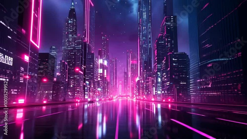 A futuristic city illuminated by neon lights at night