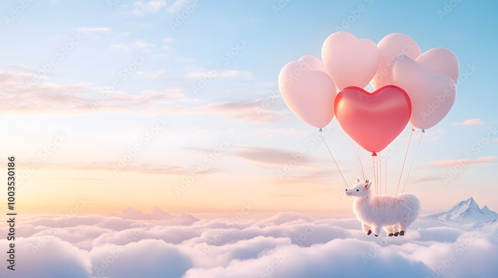 Fototapeta premium Cute sheep animal with heart shaped balloon on the sky with sunset.