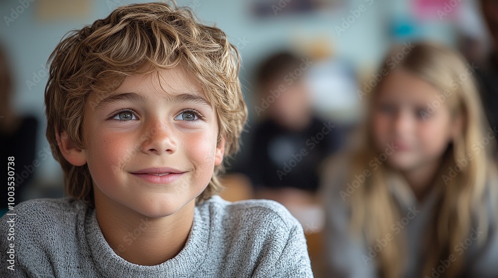 A smiling boy in a classroom, engaging and thoughtful, with classmates in the background. A smiling boy in a classroom, engaging and thoughtful, with classmates in the background.