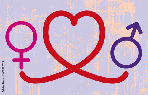 Symbolizing love and unity, Valentine’s day love and unity, intertwined male and female symbols connected by a heart shape.