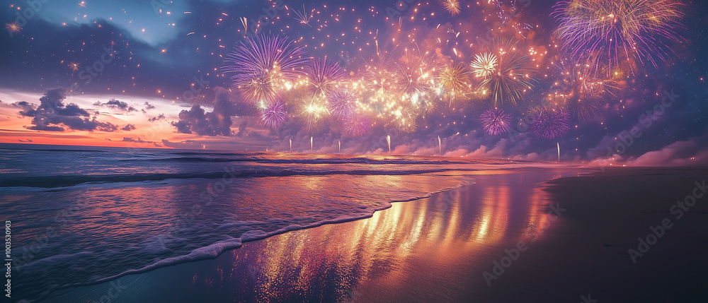 A wide-angle shot of fireworks above a serene beach at night, with gentle ocean waves reflecting the brilliant colors. A wide-angle shot of fireworks above a serene beach at night, with gentle ocean waves reflecting the brilliant colors.