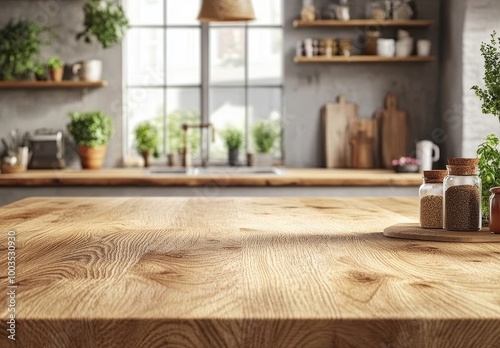 Close up of rustic wood countertop with blurred kitchen background.