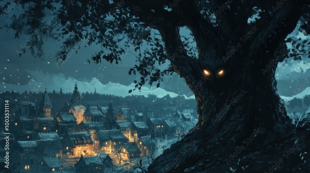 Fototapeta premium Black Annis hiding behind a tree, her glowing eyes watching over a small village as she