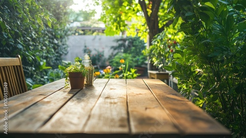 Wooden table in a cozy backyard, surrounded by lush greenery, ready for an outdoor gathering or party setting