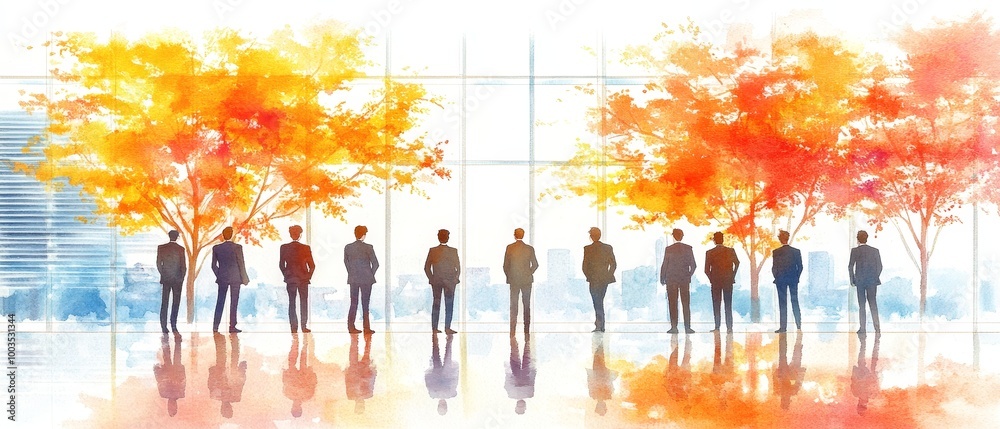 An HR professional guiding a new candidate through the recruitment process in a meeting room, with space for text on the left. Watercolor illustration An HR professional guiding a new candidate through the recruitment process in a meeting room, with space for text on the left. Watercolor illustration